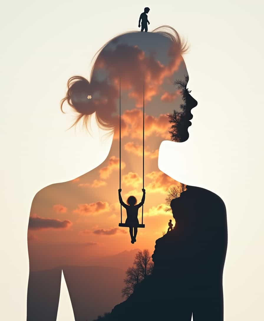 bo-exposure, A surreal and evocative double exposure portrait of a human figure, integrating a breathtaking sunset sky with fluffy clouds in warm hues of orange, pink, and purple filling the chest area. The silhouette of a person swinging on a swing hangs in the center, evoking a sense of nostalgia and freedom. In the head area, a small silhouette of a person is seen scaling or sitting on a rocky cliff, highlighting a theme of adventure and exploration. The figure's body is rendered in muted, monochrome tones, contrasting with the vivid colors of the landscape within. The overall aesthetic leans towards hyperrealism with a touch of surrealism, emphasizing emotional depth and introspection through the interplay of light and shadow. The background is softly blurred, enhancing focus on the vibrant imagery within the silhouette.  bo-exposure, double exposure,