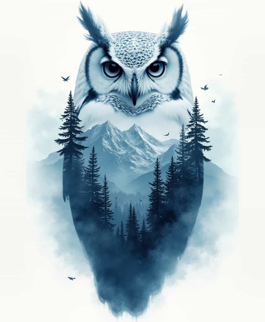 Owl with Mountain and Forest Silhouette