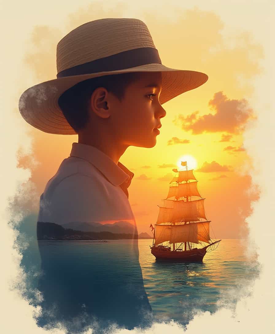 bo-exposure, A silhouette of a young boy wearing a wide-brimmed hat, set against a vibrant and dreamy landscape. The boy, with a contemplative expression, shields his eyes from a stunning sunset over an ocean. Within the silhouette, a beautifully detailed ship is sailing on tranquil waters, framed by the warm hues of the setting sunâgolden yellows, deep oranges, and soft pinks blending seamlessly into the horizon. The ship's sails are billowing gently, capturing the essence of adventure and exploration. The overall aesthetic combines elements of impressionism and surrealism, with soft brush strokes creating a fluid and ethereal atmosphere, enhancing the magical quality of childhood dreams and journeying into the unknown.  bo-exposure, double exposure,