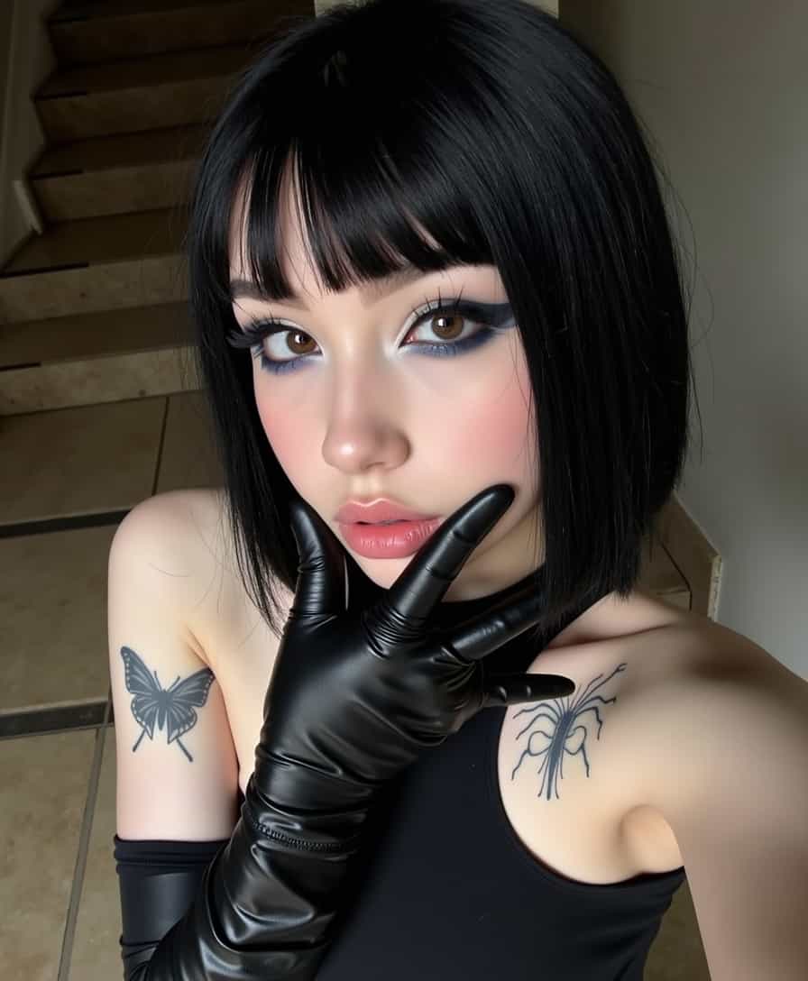 Chic and edgy Closeup of a stylish individual with a butterfly and spider tattoo