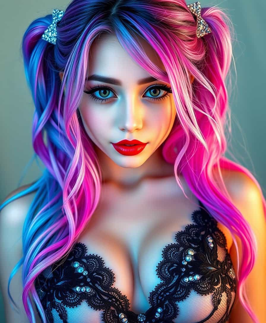 An 8k photograph with incredible detail we see a sexy e-girl with multicolored hair styled in playful pigtails. Her hair cascades in vibrant hues of pink, blue, and purple, each strand meticulously dyed to create a mesmerizing rainbow effect. The pigtails are tied with cute, glittery hairbands that catch the light, adding a touch of sparkle to her look. Her face is framed by wisps of hair, with large, expressive eyes accentuated by dramatic eyeliner and long, fluttery lashes. Her lips are painted a glossy, inviting shade of cherry red, slightly parted in a sultry expression. Her skin is flawless, with a soft, dewy glow that highlights her high cheekbones and delicate features. She wears a low-cut, black lace bralette that barely contains her ample cleavage, the intricate lace pattern contrasting beautifully against her smooth, pale skin. The bralette is adorned with tiny, shimmering rhinestones that catch the light, drawing attention to her generous bust. The photograph captures her from the shoulders up, with a shallow depth of field that keeps the focus on her captivating face and tantalizing cleavage. The background is softly blurred, ensuring that all attention remains on her. The lighting is soft and diffused, creating a flattering, almost ethereal glow around her. The overall composition is both alluring and artistic, perfectly capturing the essence of a modern e-girl in all her seductive glory.
