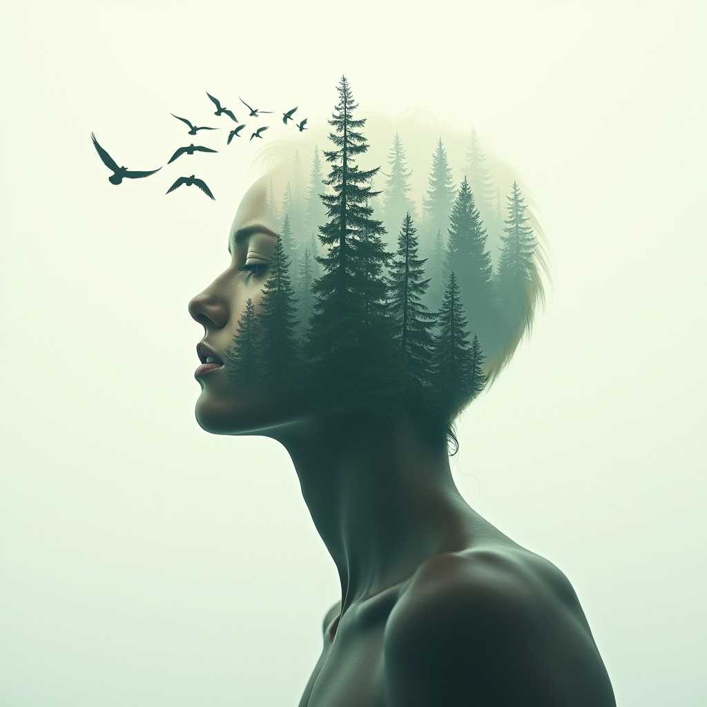A surreal and dreamy portrait of a figure with a creatively blended upper body, featuring a vibrant forest landscape integrated into the torso, evoking a sense of connection to nature. The scene is set against a soft, neutral background, enhancing the ethereal quality of the image. The color palette features deep greens, muted blues, and hints of soft whites, giving the impression of mist in the forest. Silhouettes of tall evergreen trees rise from the waist, and a flock of birds takes flight from the upper portion, appearing to soar into an undefined space, symbolizing freedom and transcendence. The overall aesthetic is a blend of modern minimalism and impressionism, creating a contemplative and artistic expression of harmony between humanity and nature. bo-exposure, double exposure,