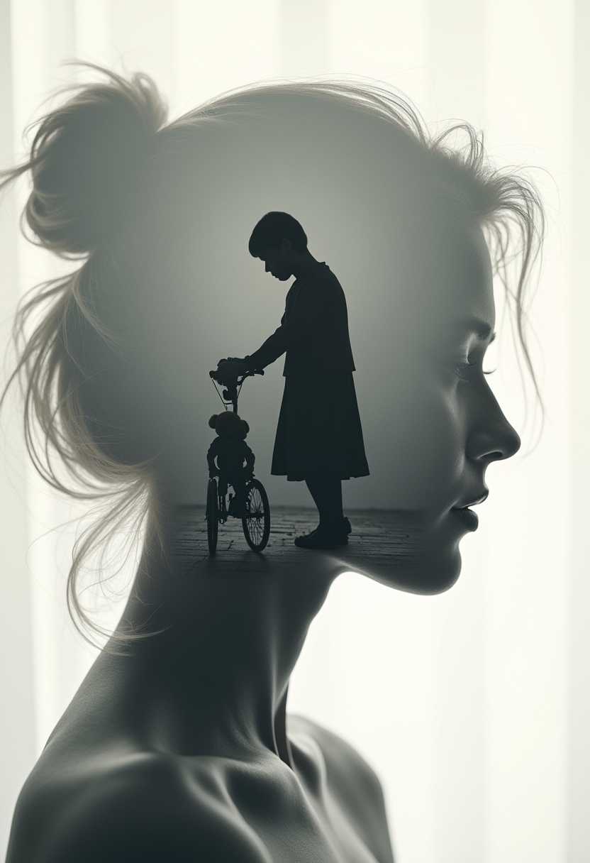 DOUBLE, A mesmerizing and nostalgic double exposure portrait of a woman's face, with a monochromatic color, The silhouette seamlessly blends with tender childhood memories, such as playing in a park, riding a bike, and holding a teddy bear. The artist's skillful use of light and shadow emphasizes the connection between the woman's present and her past. The overall mood is introspective and melancholic, invoking a sense of longing and reflection.