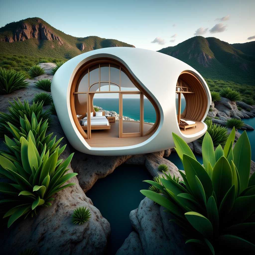 ARCH, ARCH, a striking visual of a contemporary dome-shaped residence surrounded by lush tropical foliage, on a cliff overlooking the ocean. Capture the interplay between the curved glass panels and the organic forms of the landscape. Set your professional camera to manual mode, f/4, ISO 400, and use a fish-eye lens to accentuate the unique geometry