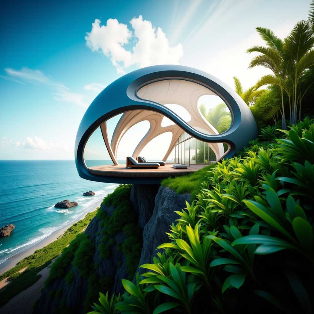ARCH, ARCH, a striking visual of a contemporary dome-shaped residence surrounded by lush tropical foliage, on a cliff overlooking the ocean. Capture the interplay between the curved glass panels and the organic forms of the landscape. Set your professional camera to manual mode, f/4, ISO 400, and use a fish-eye lens to accentuate the unique geometry