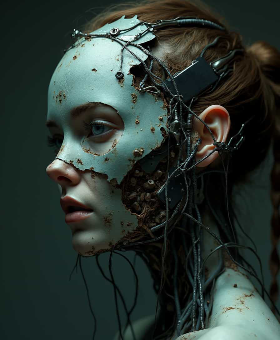 A haunting, dark portrait of a woman, her face a fusion of organic and mechanical elements in the style of H.R. Giger. The close-up shot reveals a biomechanical mask that has grown into her skin, a grotesque yet beautiful merging of flesh and metal. The mask appears almost alive, made from a nightmarish blend of organic tissues and cold, industrial materials — wires and cables intertwining with veins and sinew, wrapping around her jaw and temples. Metallic plates, some rusted and others gleaming, seamlessly meld into her pale, ghostly skin, creating a disturbing yet fascinating symmetry.
Her brown hair, tightly bound into a knot, contrasts with the twisted metal and organic tendrils extending from the mask, some of them snaking down the back of her neck. The dark, shadowy environment barely illuminates her face, with faint neon and cybernetic lights casting eerie reflections across her biomechanical features. Her eyes, filled with cold intensity, peer out from behind the mask, showing the last traces of her humanity within the cold, biomechanical form.
The fusion of flesh and machine, organic and metallic, creates an unsettling, dystopian beauty, where the boundaries between life and technology blur. The intricate detailing of the mask, with its alien, otherworldly design, captures the dark essence of Giger's biomechanical art, as the woman’s face stands frozen in a moment of both suffering and strength.