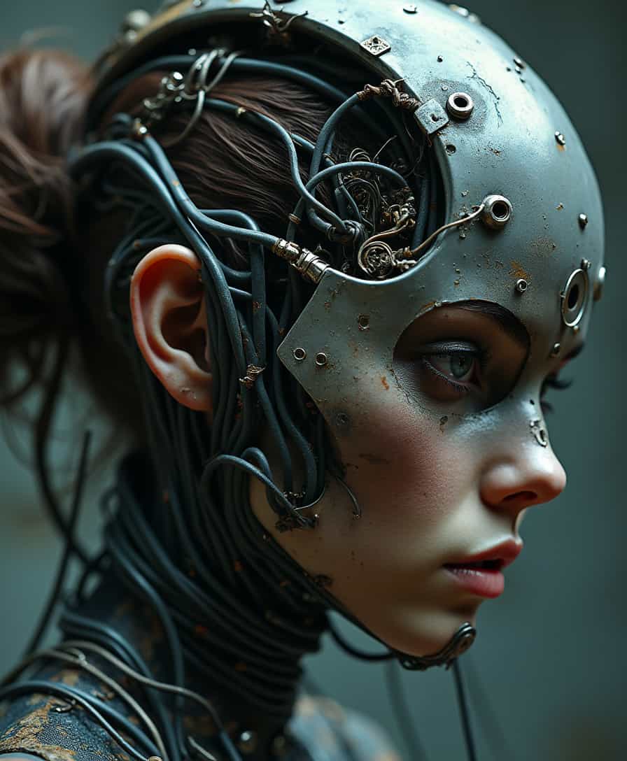A haunting, dark portrait of a woman, her face a fusion of organic and mechanical elements in the style of H.R. Giger. The close-up shot reveals a biomechanical mask that has grown into her skin, a grotesque yet beautiful merging of flesh and metal. The mask appears almost alive, made from a nightmarish blend of organic tissues and cold, industrial materials — wires and cables intertwining with veins and sinew, wrapping around her jaw and temples. Metallic plates, some rusted and others gleaming, seamlessly meld into her pale, ghostly skin, creating a disturbing yet fascinating symmetry.
Her brown hair, tightly bound into a knot, contrasts with the twisted metal and organic tendrils extending from the mask, some of them snaking down the back of her neck. The dark, shadowy environment barely illuminates her face, with faint neon and cybernetic lights casting eerie reflections across her biomechanical features. Her eyes, filled with cold intensity, peer out from behind the mask, showing the last traces of her humanity within the cold, biomechanical form.
The fusion of flesh and machine, organic and metallic, creates an unsettling, dystopian beauty, where the boundaries between life and technology blur. The intricate detailing of the mask, with its alien, otherworldly design, captures the dark essence of Giger's biomechanical art, as the woman’s face stands frozen in a moment of both suffering and strength.