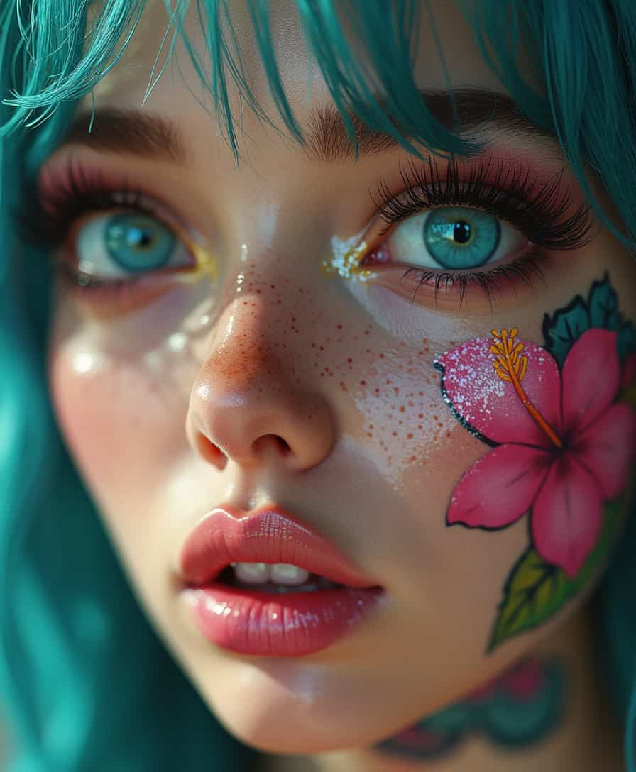 Hyperrealism, extreme close-up Portrait of a beautiful, stunning unique female character. She has large turquoise eyes filled with joy and excitement, extravagant eyelashes, making this image a masterpiece of photography and digital art. Style: realistic hyper-detailed rendering, 32k UHD, expressive eyes, punk, graphic design, pink hibiscus tattoo, girl's face, side view, pretty and cute, gleaming lips, white skin, telling a tale of adventure. Exuding confidence and serenity. Vibrant tattoos adorn her sun-kissed skin