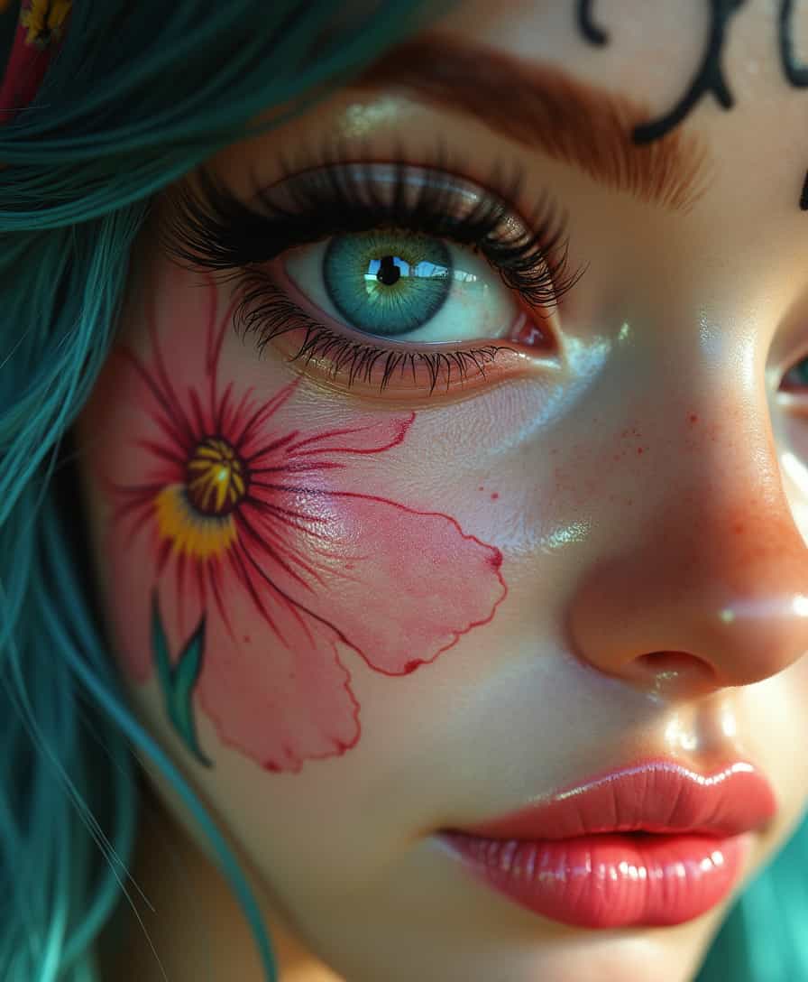 Hyperrealism, extreme close-up Portrait of a beautiful, stunning unique female character. She has large turquoise eyes filled with joy and excitement, extravagant eyelashes, making this image a masterpiece of photography and digital art. Style: realistic hyper-detailed rendering, 32k UHD, expressive eyes, punk, graphic design, pink hibiscus tattoo, girl's face, side view, pretty and cute, gleaming lips, white skin, telling a tale of adventure. Exuding confidence and serenity. Vibrant tattoos adorn her sun-kissed skin