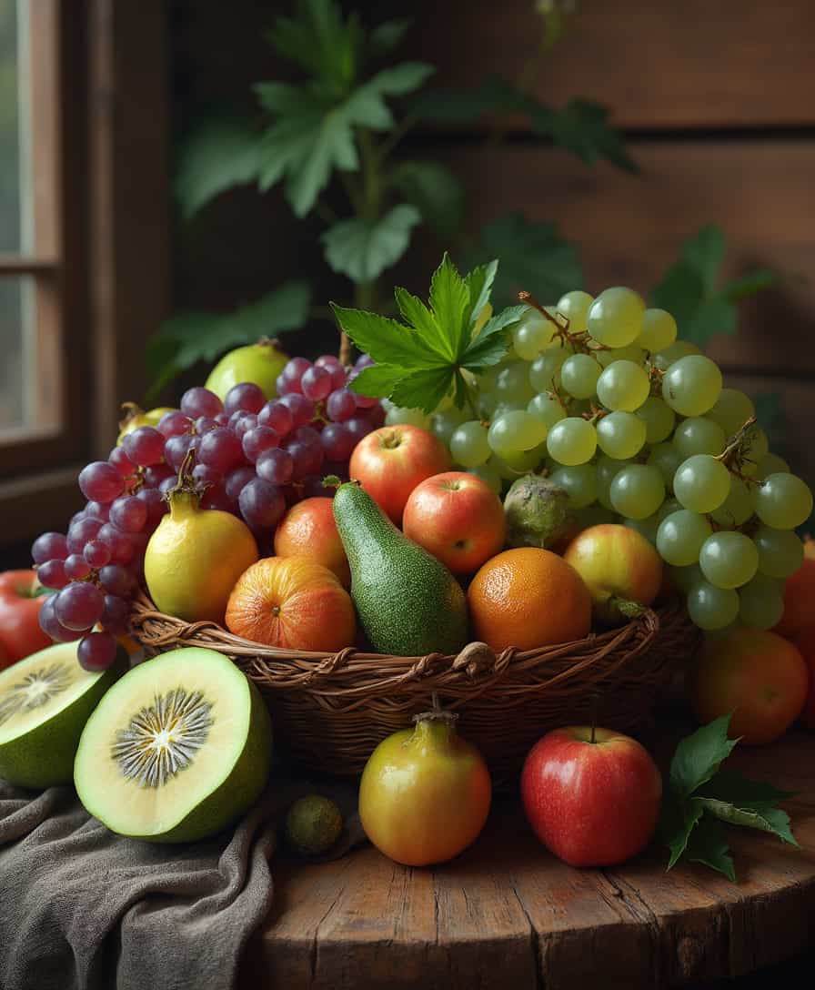 Create a detailed UHD image of a rustic wooden table inside a cozy cabin, featuring a basket overflowing with exotic alien fruits from another planet. The fruits should have unique and vibrant colors, unusual shapes, and intriguing textures, showcasing their otherworldly origins.  Include fruits that combine a smooth, banana-like shape with a juicy, tomato-like texture, glowing translucent grapes in shades of blue and green, an icy cantaloupe with minty green flesh, star-shaped limes with a shiny green exterior, a deep violet pod with creamy purple pulp, and metallic apples with an iridescent sheen. The setting should evoke a warm, inviting atmosphere with the contrast between the earthy wooden table and the vivid, fantastical fruits.
Midjourney_Whisper