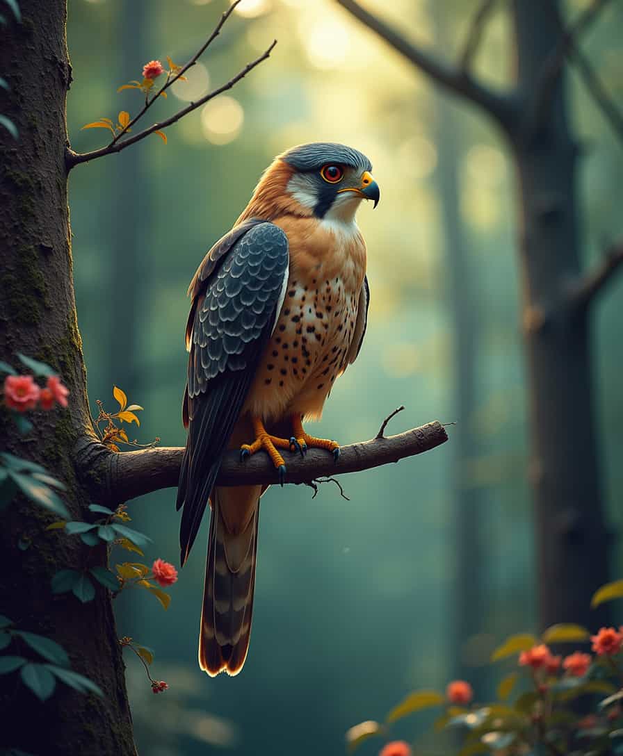 novuschroma74 style falcon sitting on a branch in a whimsical forest in a dreamy atmosphere