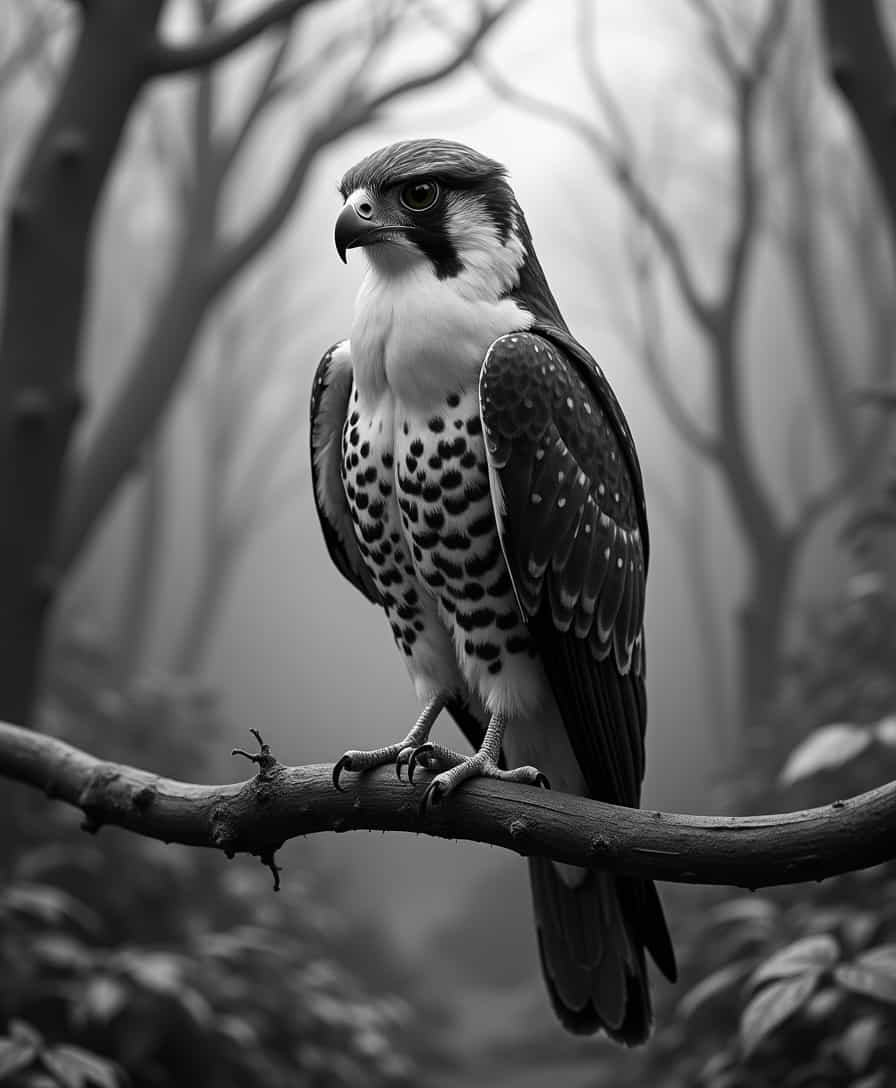 (B&W), (monochrome), novuschroma74 style falcon sitting on a branch in a whimsical forest in a dusty atmosphere