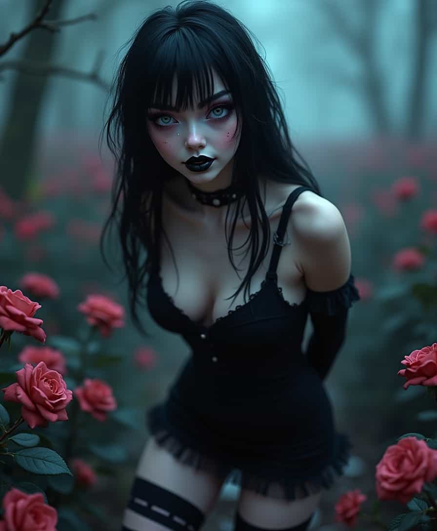 (ultra realistic,32k, masterpiece:1.2),(high detailed skin:1.1),( high quality:1.1),
(smile , v-shaped eyebrows:1.1),(eyeliner,long lashes, mascara:1.1),mavis dracula, black hair,black lips,  blue eyes, dress, striped thighhighs, night, destroyed collapsed, welk rose field, roses, horror theme,  (blurry background:1.2),,(looking at viewer,Standing, arms behind back,(lean forward:1.2),upper body,
(soft shaded neon light:1.1)