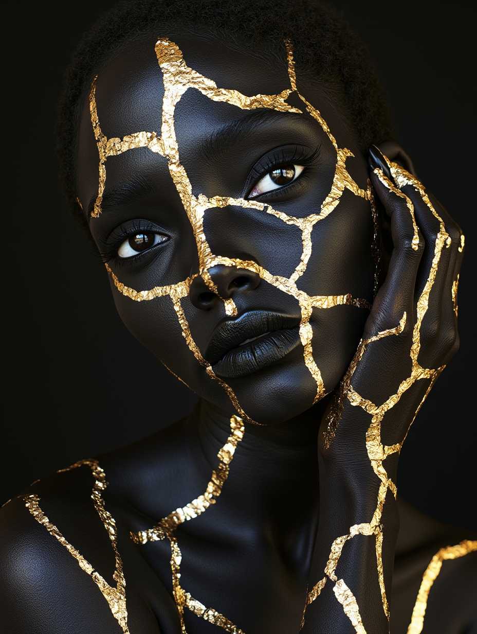photorealistic portrait, raw photography, ebony black woman,  perfect anatomy, dynamic pose, dynamic look, art by Kathe Kollwitz, fractal golden silhouette of a bird on cracked ebony black skin, gold/ebony black duality!, black obsidian crystal jewlery, intense black eyes with golden sparkle, black hair with golden highlights, toned body, ebony black background with golden grain,  glowing gold particles,