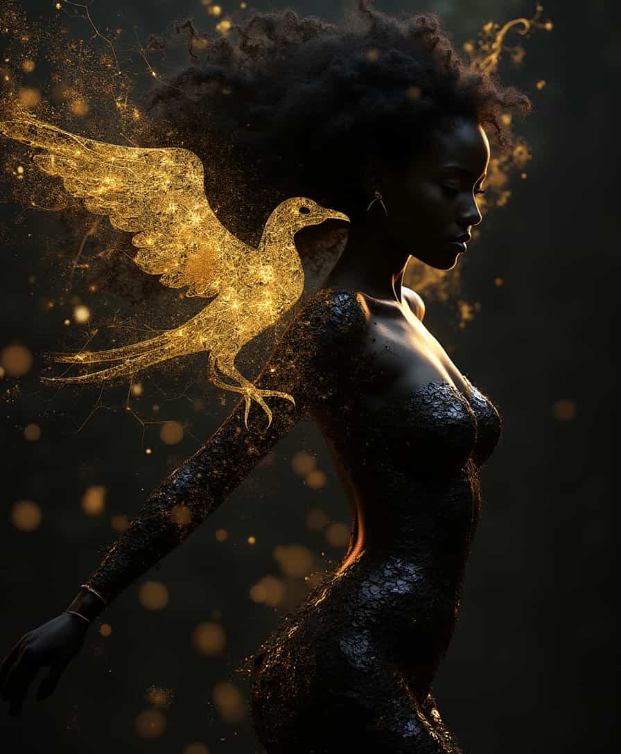 raw photography, ebony black woman,  perfect anatomy, dynamic pose, dynamic look, art by Kathe Kollwitz, fractal golden silhouette of a bird on cracked ebony black skin, gold/ebony black duality!, black obsidian crystal jewlery, intense black eyes with golden sparkle, black hair with golden highlights, toned body,
ebony black background with golden grain,  glowing gold particles,