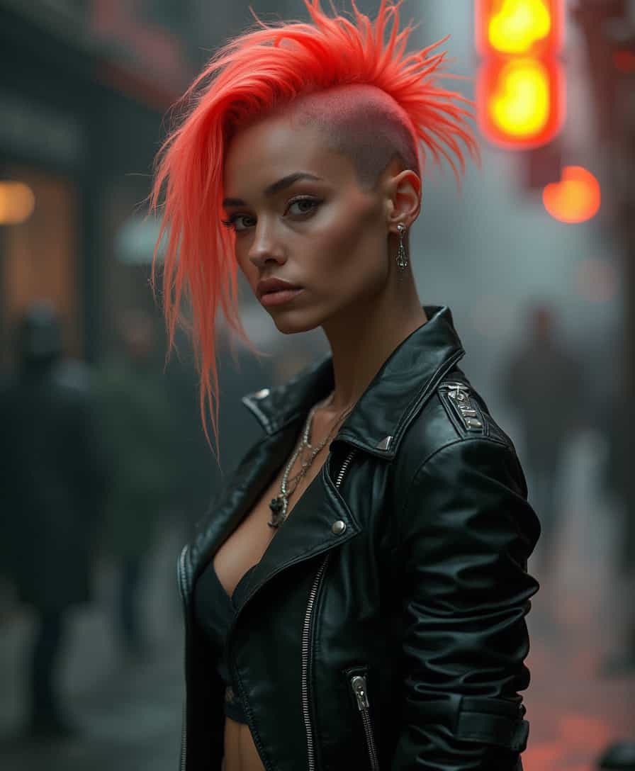 sm, hknuns In the gritty urban scene stands the Biker—a rebellious spirit with a vibrant, ever-changing Mohawk, a bold emblem of her individuality. Her physique, a blend of strength and femininity, exudes an alluring mystique. Draped in leather, she embraces a bad girl aesthetic with effortless style. 
(style of Michael Turner)