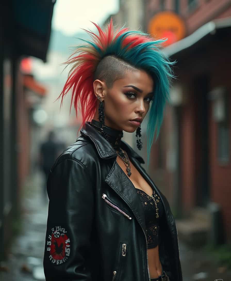 sm, hknuns In the gritty urban scene stands the Biker—a rebellious spirit with a vibrant, ever-changing Mohawk, a bold emblem of her individuality. Intrinsic details, detailed skin texture, skin pores, (light freckles:0.3). Her physique, a blend of strength and femininity, exudes an alluring mystique. Draped in leather, she embraces a bad girl aesthetic with effortless style. 
(style of Michael Turner)