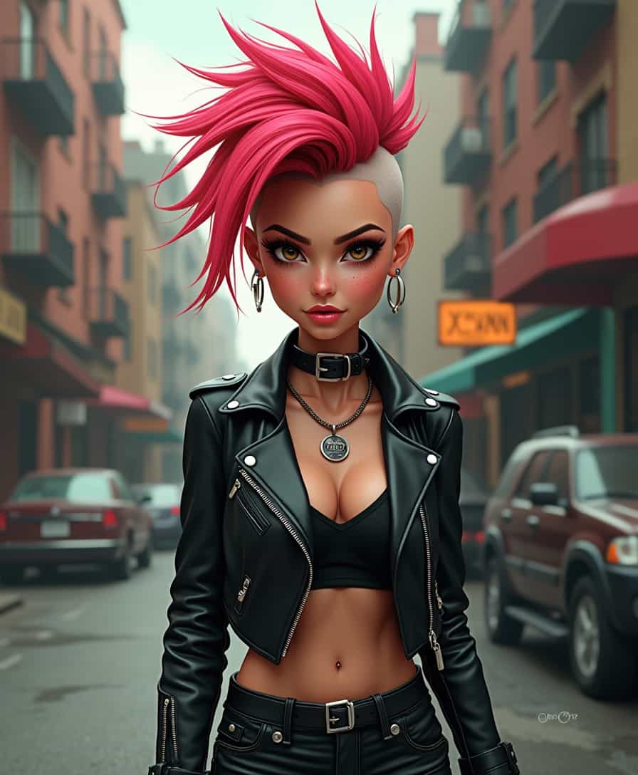 (cartoon), (3D), (PIXAR STYLE), sm, hknuns In the gritty urban scene stands the Biker—a rebellious spirit with a vibrant, ever-changing Mohawk, a bold emblem of her individuality. Intrinsic details, detailed skin texture, skin pores, (light freckles:0.3). Her physique, a blend of strength and femininity, exudes an alluring mystique. Draped in leather, she embraces a bad girl aesthetic with effortless style. 
(style of Michael Turner)