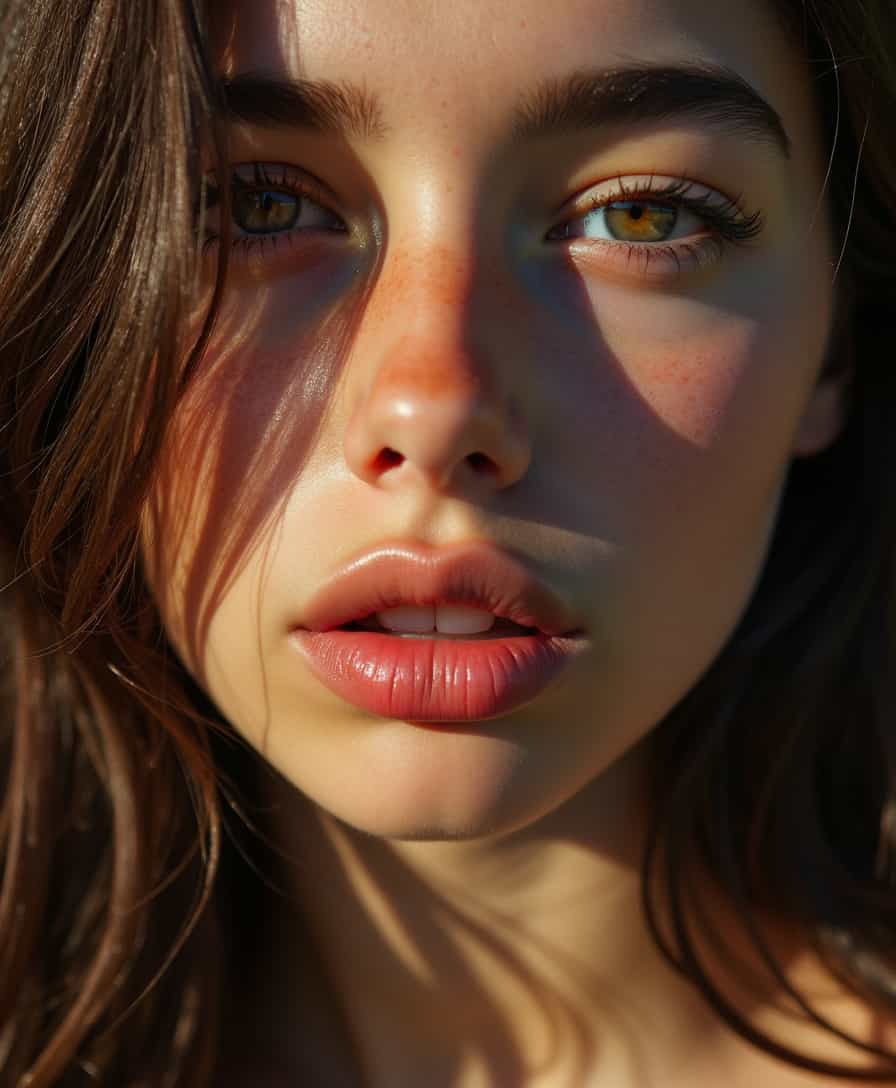 A close-up of a girl with brown hair. Her lips are parted, and the sunlight creates contrast with the dark theme, adding depth to her realistic features.