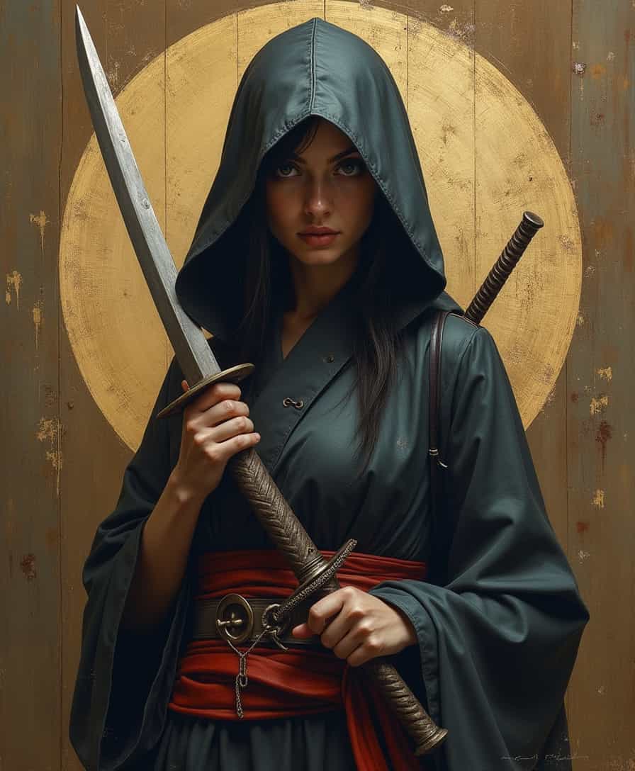 detailed renaissance oil painting, masterpiece, FredFraiStyle, female japanese ninja assassin, hood, chiascuro, silhoutetted, weapons, directional lighting, masterpiece, perfect composition, perfect hands, cowboy shot