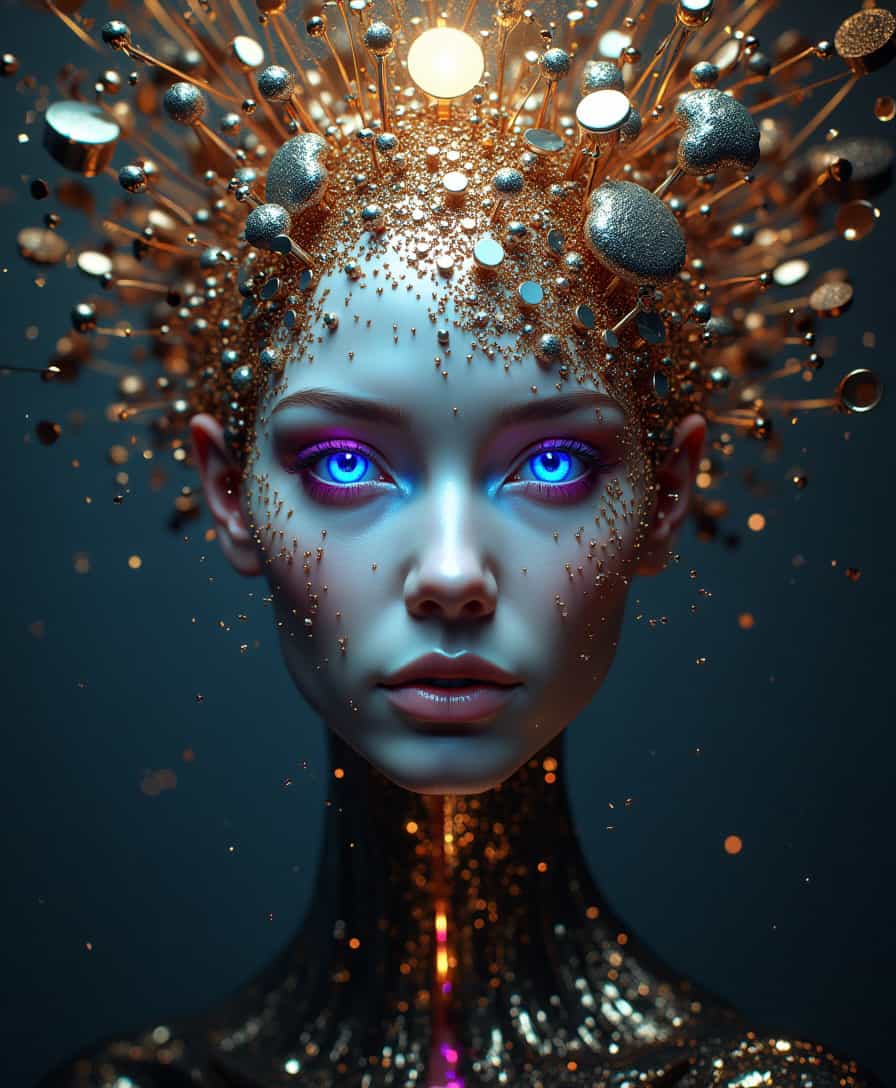 A captivating cinematic poster featuring a mysterious, humanoid face emerging from a mesmerizing array of fragmented, metallic, and digital elements. The elements are dispersed in a radial pattern, creating an otherworldly, dark fantasy atmosphere. The face, crafted from a smooth, metallic material, has striking blue eyes and a pale complexion. The background is dominated by darkness, with the face and elements illuminated in captivating gold, silver, and purple hues. The overall effect is a blend of dark fantasy and cinematic wonder, drawing the viewer into a mysterious world.