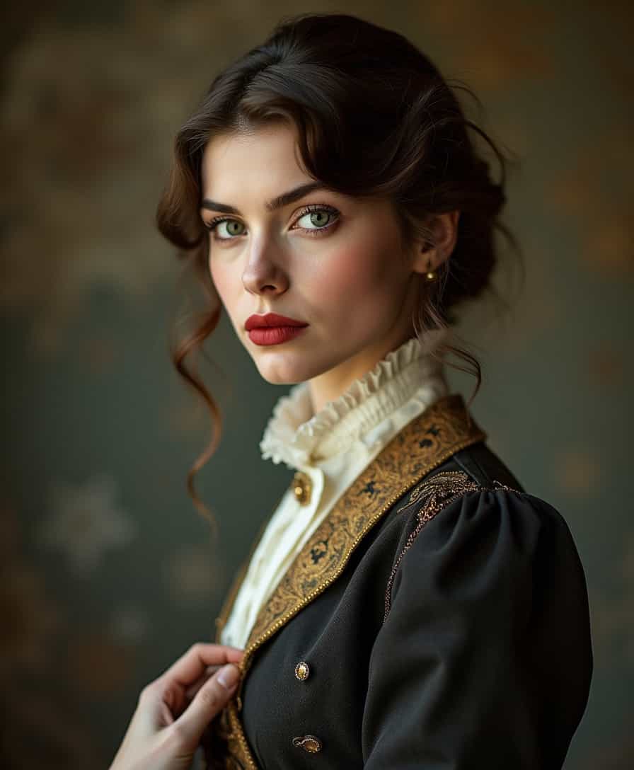 A portrait of 1900s high society beautiful elegant slim refined rich lady in luxury fashion outfit, perfect eyes, looking at viewer feeling life passing her by, melancholy.