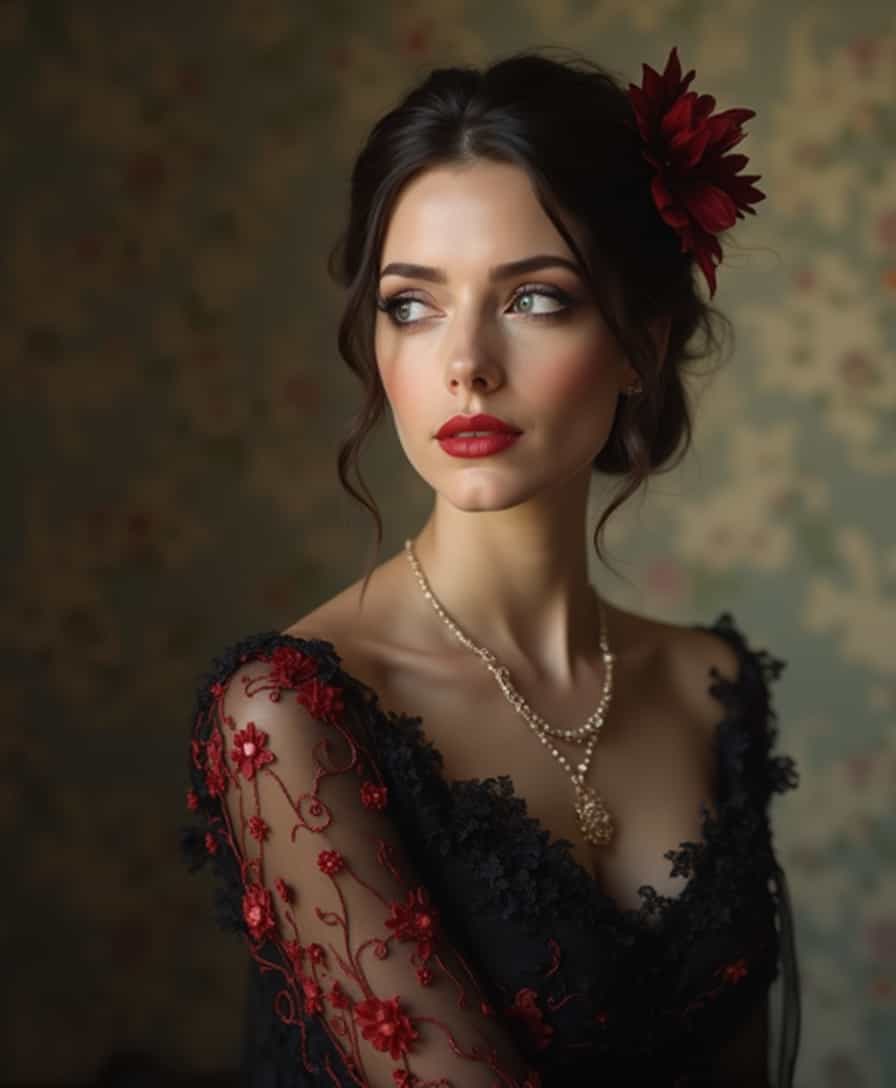 A portrait of 1900s high society beautiful elegant slim refined rich lady in luxury fashion outfit, perfect eyes, looking at viewer feeling life passing her by, melancholy.