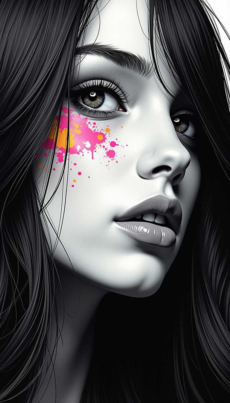 young woman, long hair, looking at viewer, monochrome, lips, eyelashes, makeup, facial mark, portrait, spot color, nose, cyberpunk, pop art style, bright colors, bold outlines, popular culture themes, ironic or kitsch, close up on face, absurdres, masterpiece, 8k, high detail, intricate, best quality
