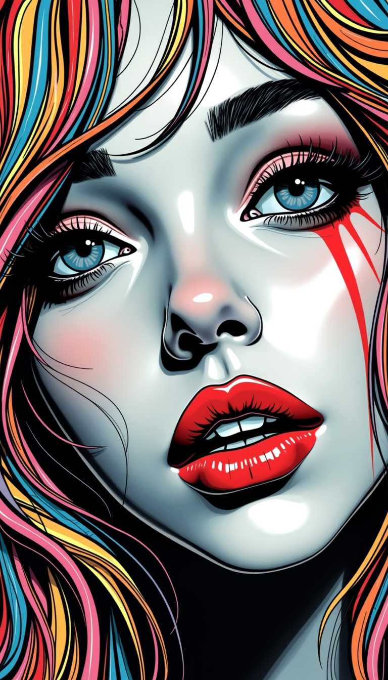 young woman, long hair, looking at viewer, monochrome, lips, eyelashes, makeup, facial mark, portrait, spot color, nose, cyberpunk, pop art style, bright colors, bold outlines, popular culture themes, ironic or kitsch, close up on face, absurdres, masterpiece, 8k, high detail, intricate, best quality