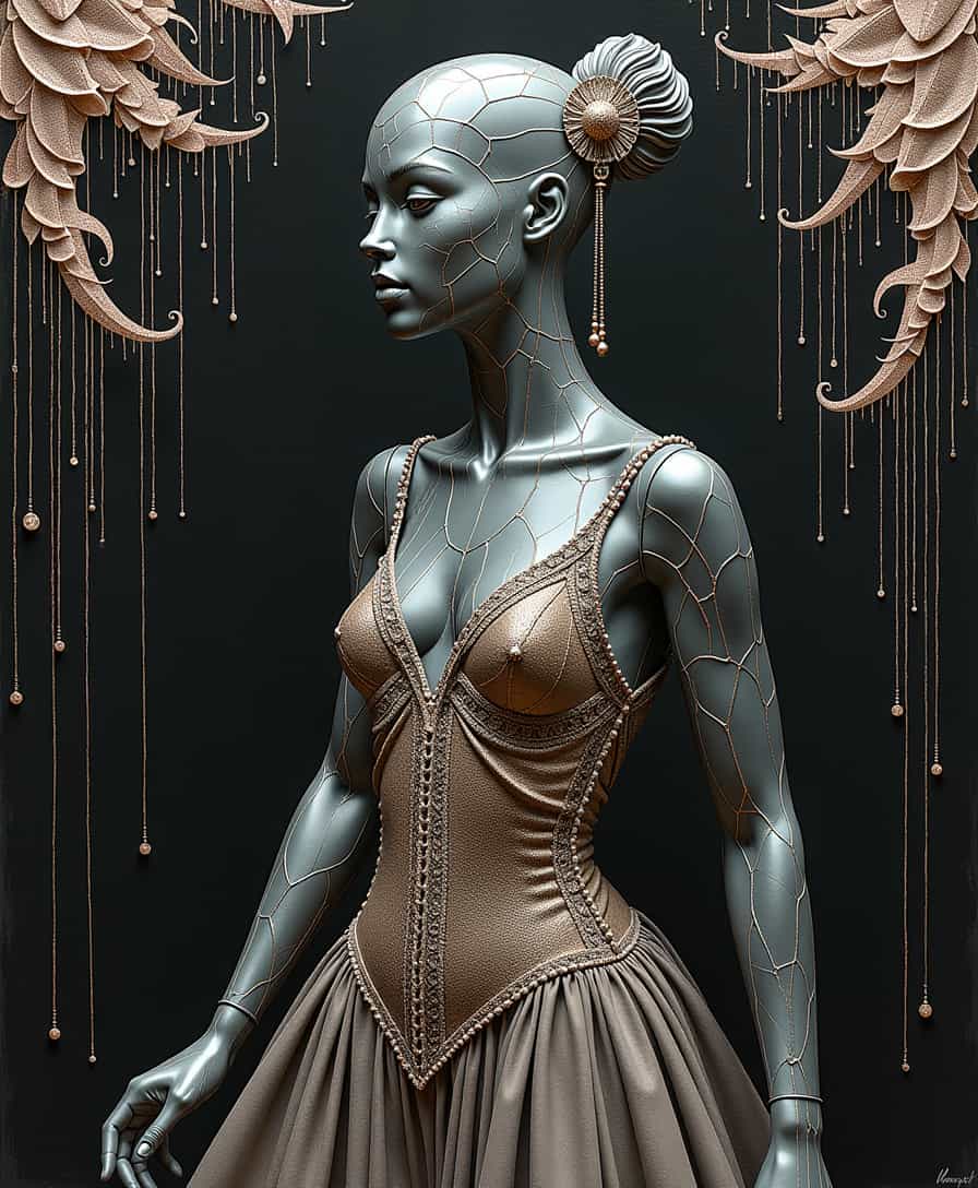 A sumptuous illustration depicting black-toned grey crackled glass Welsh mannequin wearing a 1920s dress, punk, intricate white and copper fractal, impossible, billowing dark glitter, very detailed. The overall feel of the image is painterly. Additionally the image incorporates elements of mixed media such as flowing lines drawn with fine pens and appliqued silverleaf. The general effect is of timeless fine art elegance.. <lora:Paper_Marbling_Flux:1>