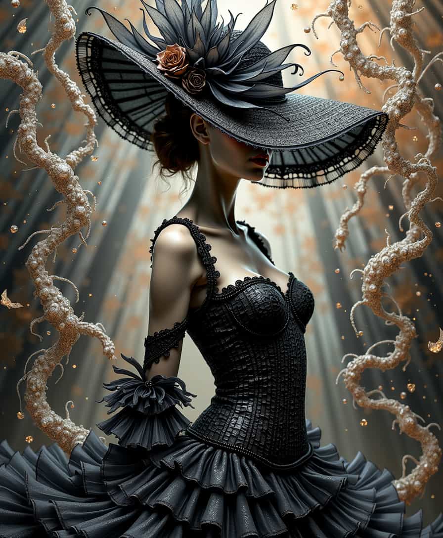 A sumptuous illustration depicting black-toned grey crackled glass Welsh mannequin wearing a 1920s dress, punk, intricate white and copper fractal, impossible, billowing dark glitter, very detailed. The overall feel of the image is painterly. Additionally the image incorporates elements of mixed media such as flowing lines drawn with fine pens and appliqued silverleaf. The general effect is of timeless fine art elegance.. <lora:Paper_Marbling_Flux:1>
