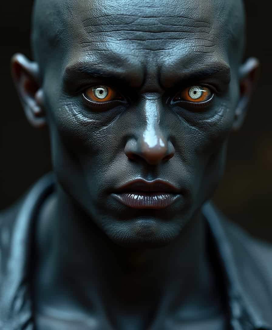 underworld king, small white eyeballs, hyper realistic, ultra detailed, translucent oiled skin, black skin