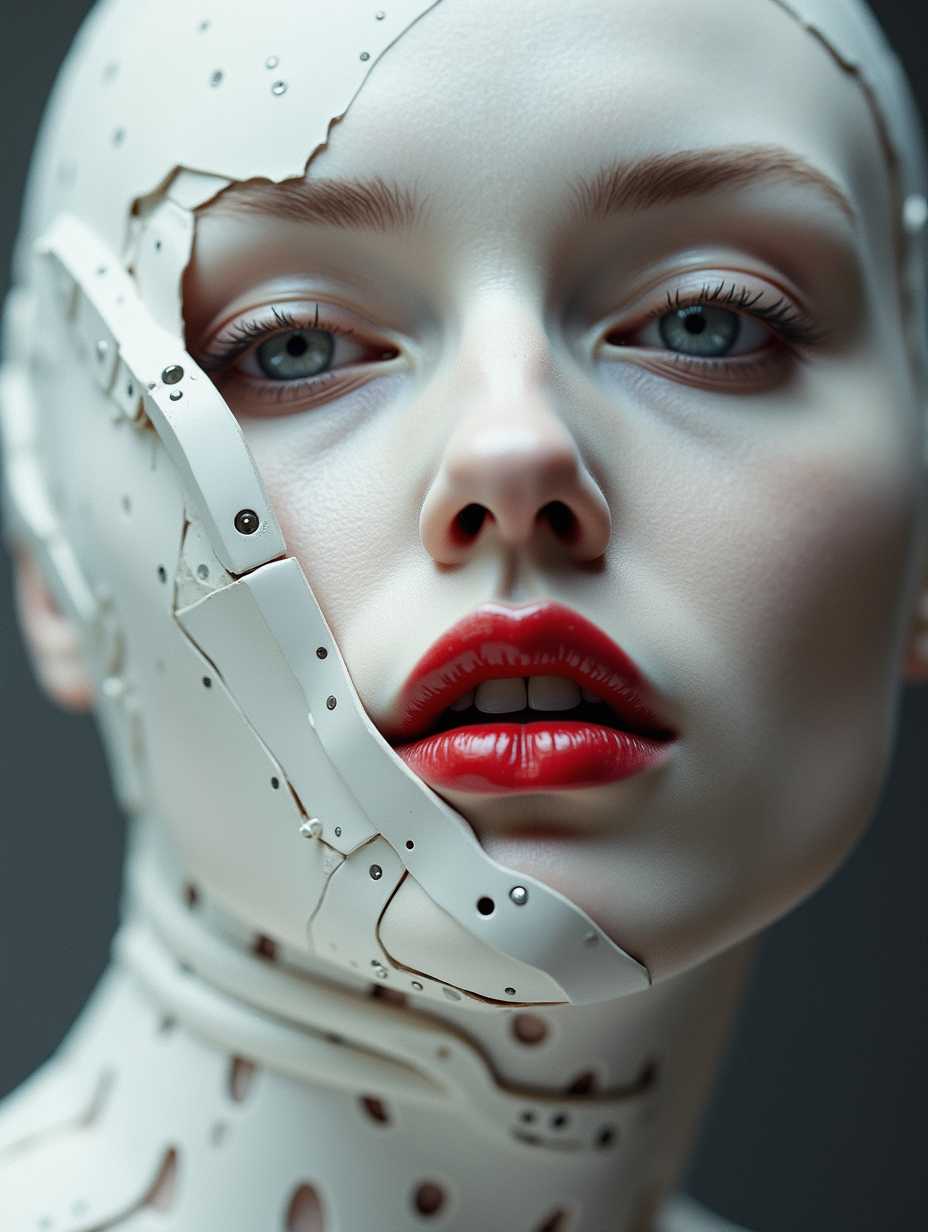 biomechanical cyberpunk A captivating minimalist, a shy and alluring woman. The left half of her face is visible, with her delicate features seamlessly merging into a blank canvas of white. Her soft, bright red lips contrast against the monochromatic background, drawing the viewer's attention. Her eyes hold a subtle, mysterious expression that exudes both haunting and enchanting vibes. The simplicity of the composition, with its stark contrast, evokes a sense of ethereal beauty. by Sasan. black background. . cybernetics, human-machine fusion, dystopian, organic meets artificial, dark, intricate, highly detailed