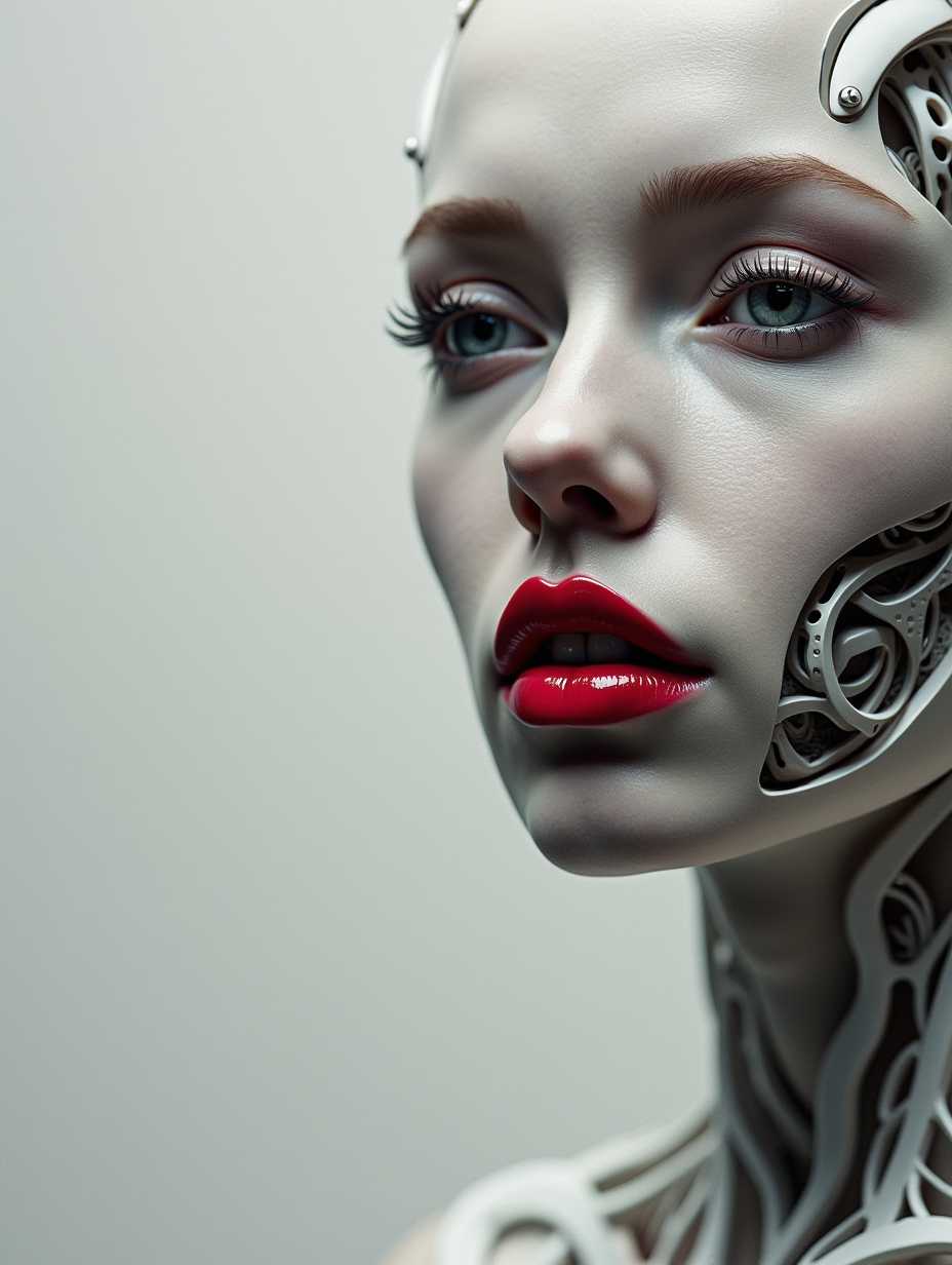 biomechanical cyberpunk A captivating minimalist, a shy and alluring woman. The left half of her face is visible, with her delicate features seamlessly merging into a blank canvas of white. Her soft, bright red lips contrast against the monochromatic background, drawing the viewer's attention. Her eyes hold a subtle, mysterious expression that exudes both haunting and enchanting vibes. The simplicity of the composition, with its stark contrast, evokes a sense of ethereal beauty. by Sasan. black background. . cybernetics, human-machine fusion, dystopian, organic meets artificial, dark, intricate, highly detailed