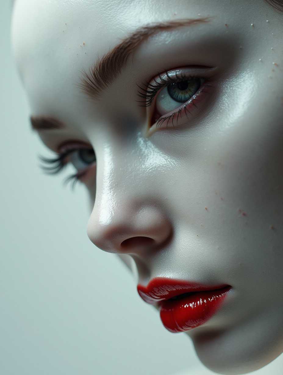 biomechanical cyberpunk A captivating minimalist, a shy and alluring woman. The left half of her face is visible, with her delicate features seamlessly merging into a blank canvas of white. Her soft, bright red lips contrast against the monochromatic background, drawing the viewer's attention. Her eyes hold a subtle, mysterious expression that exudes both haunting and enchanting vibes. The simplicity of the composition, with its stark contrast, evokes a sense of ethereal beauty. by Sasan. black background. . cybernetics, human-machine fusion, dystopian, organic meets artificial, dark, intricate, highly detailed