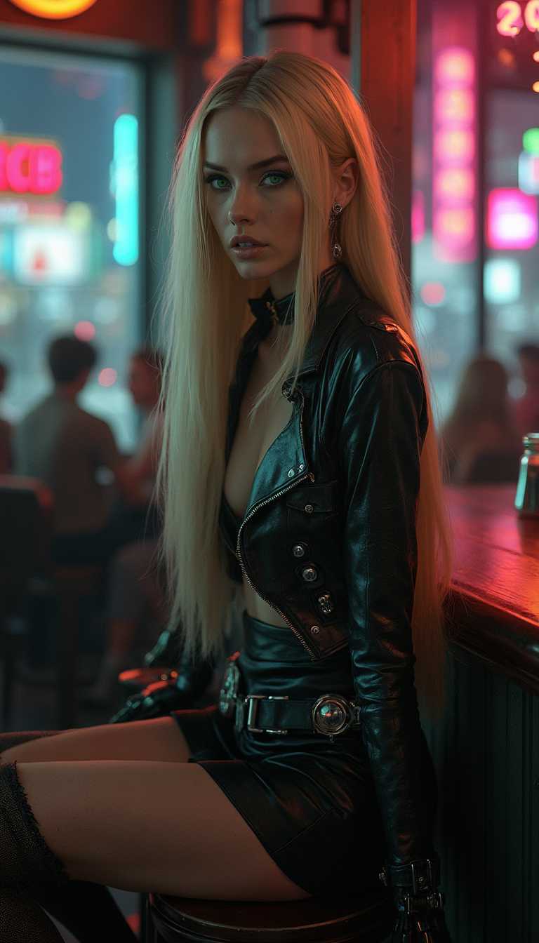 cyberpunk,(very long silky straight hair:1.2),stunningly gorgeous and sexy rapunzelwaifu is sitting on a barstool in a bar,she is wearing a shiny cropped leather jacket with glowing high tech accents and a black leather mini-skirt,crossed legs,(intricate mechanical arms, mechanical hands, mechanical legs, mechanical shoes, high heels:1.1),perfect green eyes,blonde,hoop earrings,polished chrome limbs,vibrant city lights,dark and gritty atmosphere,glowing neon highlights,back lighting,light passing through hair,window with a view of the city at night,low light,darkness,cocktail,dutch angle,, score_9,score_8_up,score_7_up,beast_quality,masterpiece,