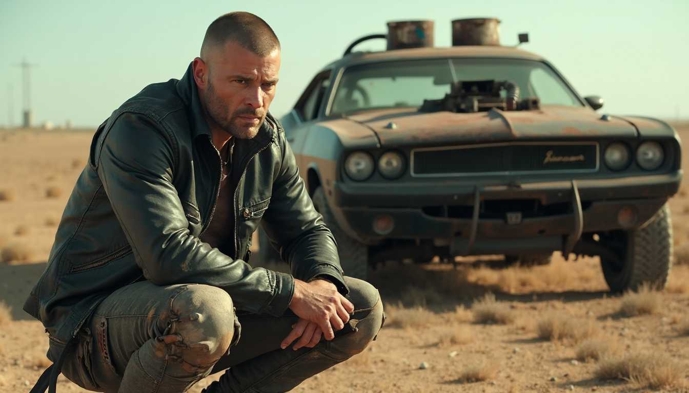 It is a post-apocalyptic wasteland. Close to the camera sits a man squatting down on his knees, wearing a dirty leather jacket, buzzcut and squinting eyes. He has chiseled facial features and is covered in grime, oil, schmutz. He's tracking something as he gaze into the wasteland. Behind him is an old black Dodge Challenger with oversized engine. Everything is rusty, there's pipes and cables exposed everywhere on the car. He himself is wearing an improvised knee brace out of steel hinges and bandage underneath it.