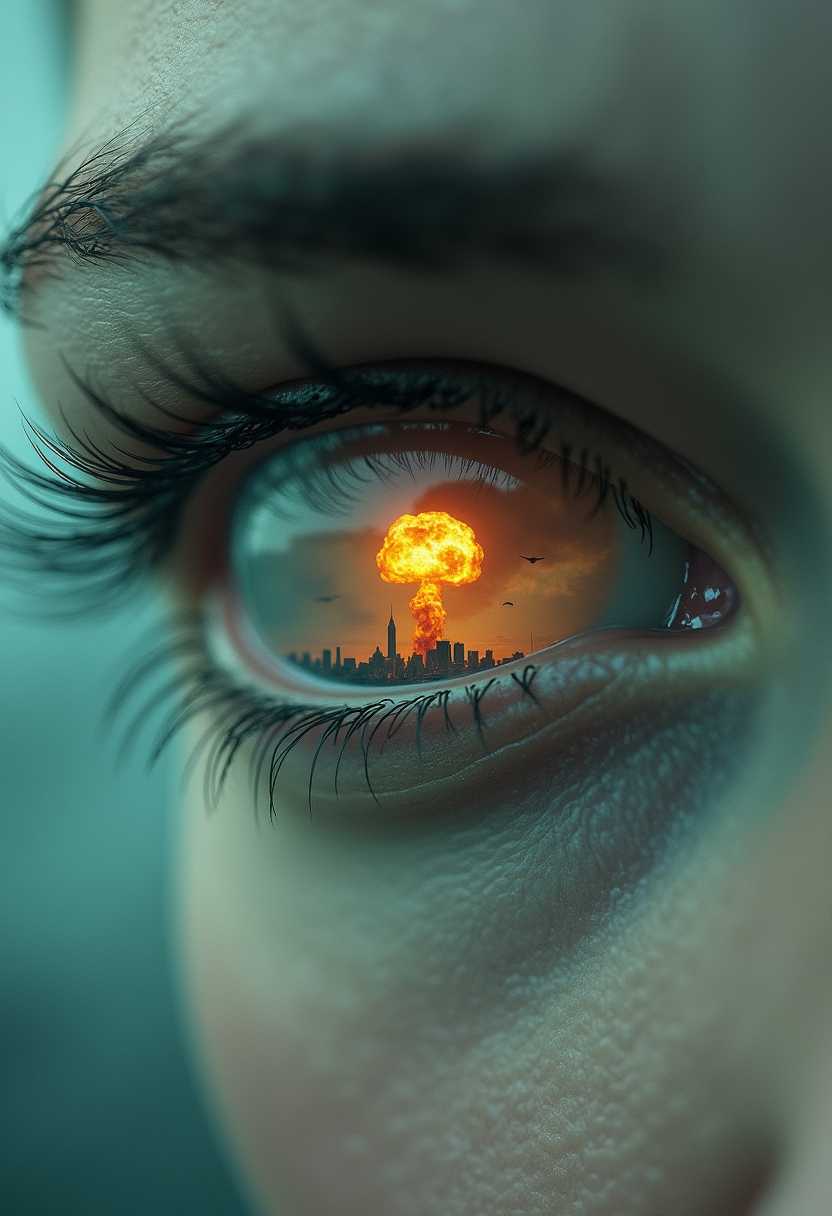 a photo of DOUBLE, A hyper realistic close-up of a human's eye. Within the eye, a dramatic and dystopian landscape is visible, showcasing a nuclear explosion emerging from a dystopian city. The background features fog, misty, cold. The human's skin is pale, contrasting with its dark, piercing amber eyes that exude wisdom and power. The overall color palette combines rich greens, deep blues, and warm golds, creating a sense of mystique and fantasy. The scene captures an enchanting blend of realism and fantasy elements, inviting viewers into an otherworldly realm.  bo-exposure, double exposure,