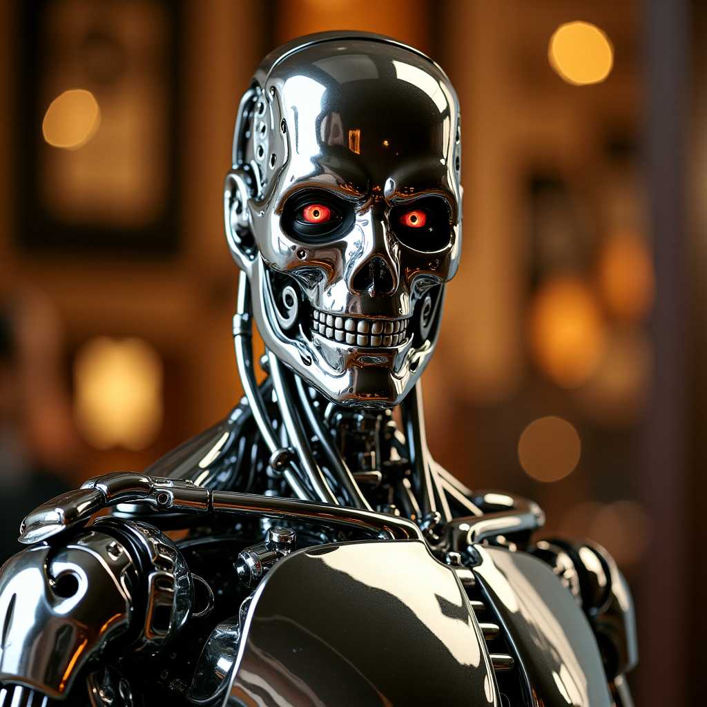 a photo of MAGA, , live action raw photo of a shiny chrome metal T800 Terminator as Donald Trump, 8k, masterpiece, brilliant composition, 23mm, full body view, intricate details, looking at viewer, sharp details, an amber tint photo,