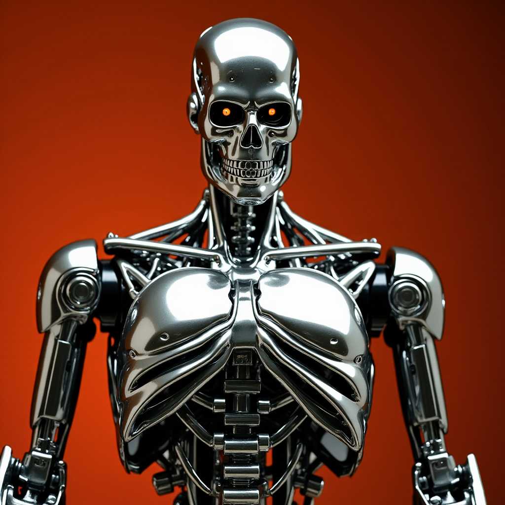 a photo of MAGA, , live action raw photo of a shiny chrome metal T800 Terminator as Donald Trump, 8k, masterpiece, brilliant composition, 23mm, full body view, intricate details, looking at viewer, sharp details, an amber tint photo,