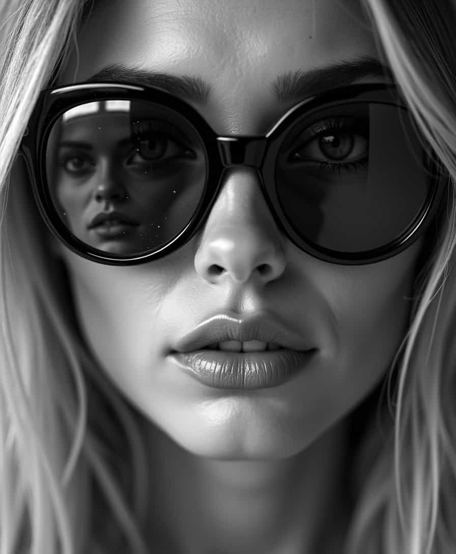 Portrait Photography. Close-up. Woman looking straight at the camera, her face reflecting the photographer's face in her sunglasses. Macro. High-contrast black and white photography style. Soft focus on the woman's face, sharp focus on the reflection in the sunglasses. Dust specks on the sunglasses lens. High-key lighting with a shallow depth of field. Best quality, cinematic, intricate details, soft bokeh, Permiter of the image slightly out of focus, shallow depth of field, captivating portrait, photography masterpiece.
