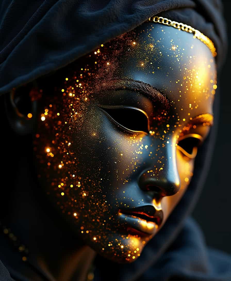 a fantasy image. like 100 masks of different emotions. simple masks, black and golden
midjourneyv6.1, Light Painting, detail background, perfect face, detailed face, dark futuristic, dark, chiaroscuro, low-key
