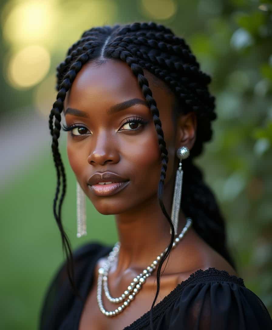An elegant Nigerian woman with a timeless beauty,Fishtail braid,Silver,Fashion shot,The Salem Witch Trials Memorial USA,bokeh professional 4k highly detailed,Kodak Ektachrome E100,Lens Flare,