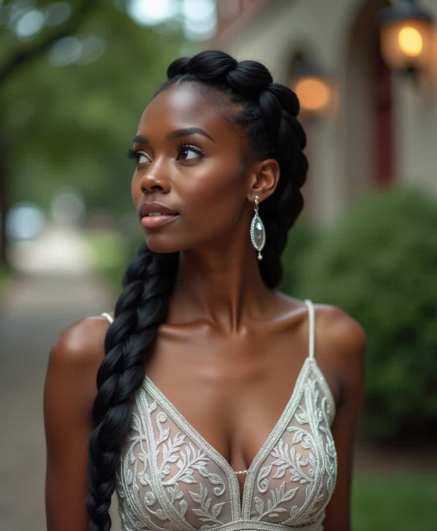 An elegant Nigerian woman with a timeless beauty,Fishtail braid,Silver,Fashion shot,The Salem Witch Trials Memorial USA,bokeh professional 4k highly detailed,Kodak Ektachrome E100,Lens Flare,