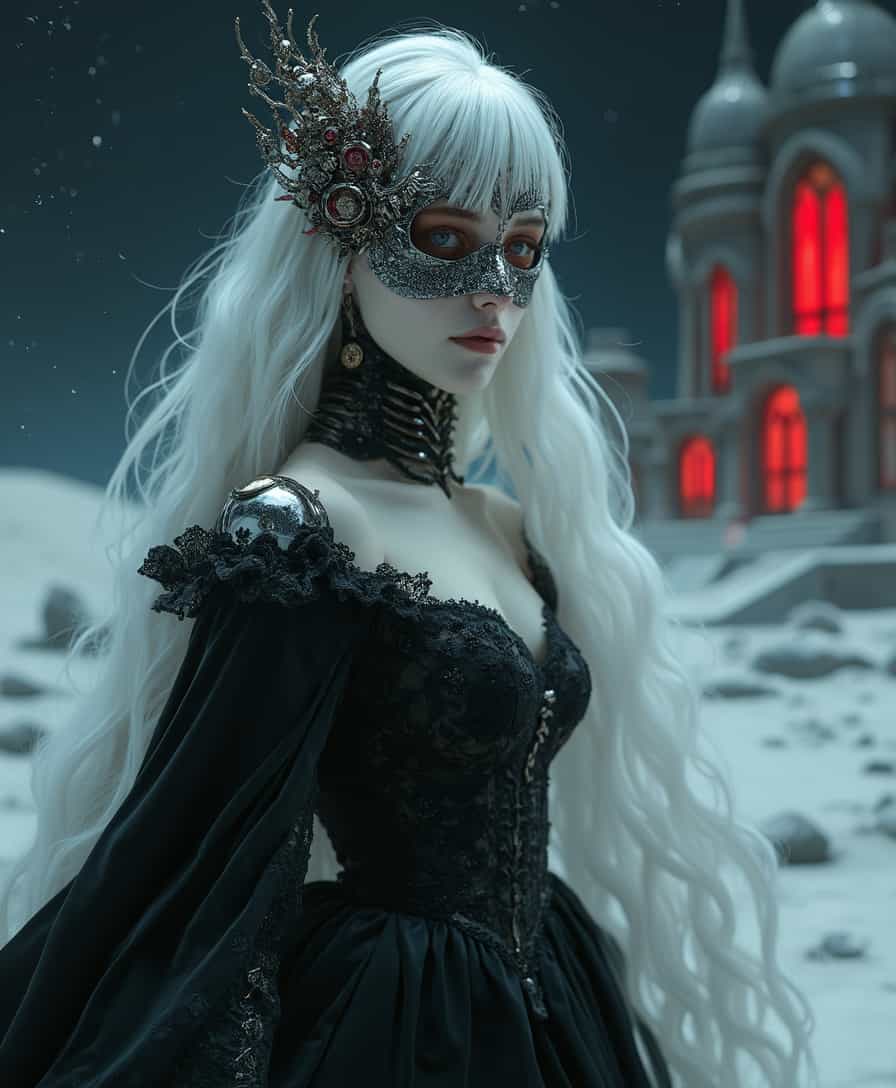 　　A hauntingly beautiful android countess with porcelain-smooth, pale skin, dark, alluring eyes, and long, flowing white hair that blends seamlessly into a starry night sky. She floats in a dreamlike lunar landscape with distorted perspectives and surreal elements, her figure partially obscured by a flowing, floor-length gown of black velvet and lace. The gown is accented with polished, segmented silver armor plating, hinting at hidden mechanisms beneath. She wears an ornate silver mask adorned with delicate, gothic-inspired filigree, intricate mechanical gears, and glowing crimson accents that cast a faint red glow on her face. The mask partially obscures her features, adding to her mystique. In the background, a grand palace constructed of dark, gleaming metal and crimson-stained glass windows rises from the lunar surface, bathed in a dim, pulsating ruby light. The scene exudes an atmosphere of gothic elegance, mystery, and underlying danger. Focus on the captivating gaze and graceful, almost unnatural movements of the android, highlighting the mesmerizing blend of classic gothic aesthetics and technological marvels.