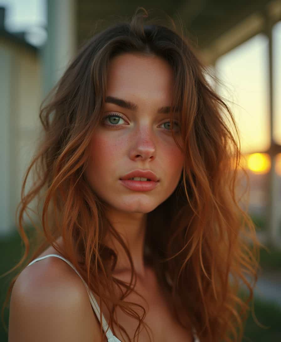 A lovely woman with sun-kissed skin,Cloudy hair,streaked hair,Sharp focus,Pripyat Ukraine,,Fuji superia 400,Neon Light,