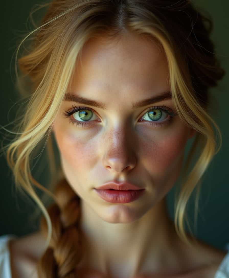 A striking woman with emerald green eyes,Fishtail braid,Blond,selfie,,intricately detailed masterpiece sharp and fine,Kodak portra 800,spotlit,