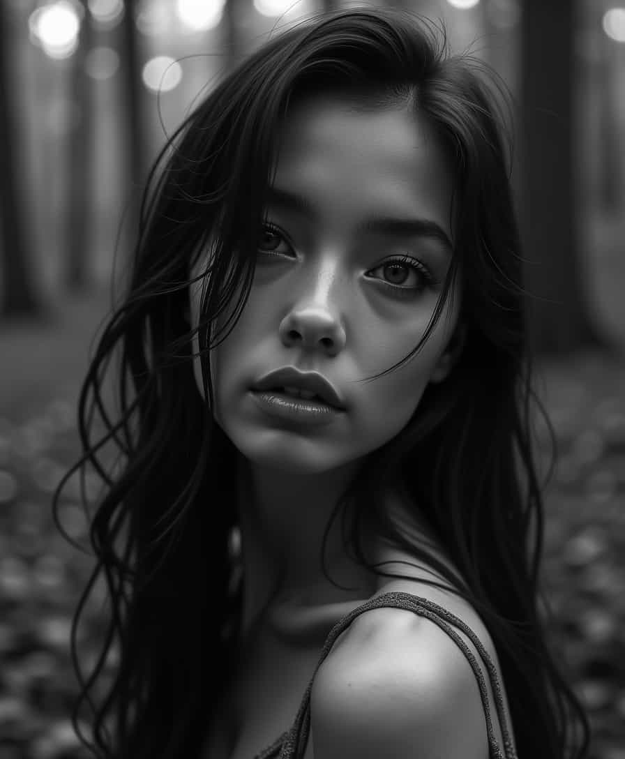 a girl with sexy pose,Crimped hair,Gray,angle from above,Aokigahara Forest Japan,detailed masterpiece most beautiful artwork in the world Ultrarealistic,Ilford HP5+ 400,Lens Flare,