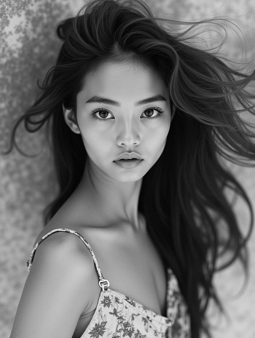 a girl with sexy pose,Crimped hair,Gray,angle from above,Aokigahara Forest Japan,detailed masterpiece most beautiful artwork in the world Ultrarealistic,Ilford HP5+ 400,Lens Flare,