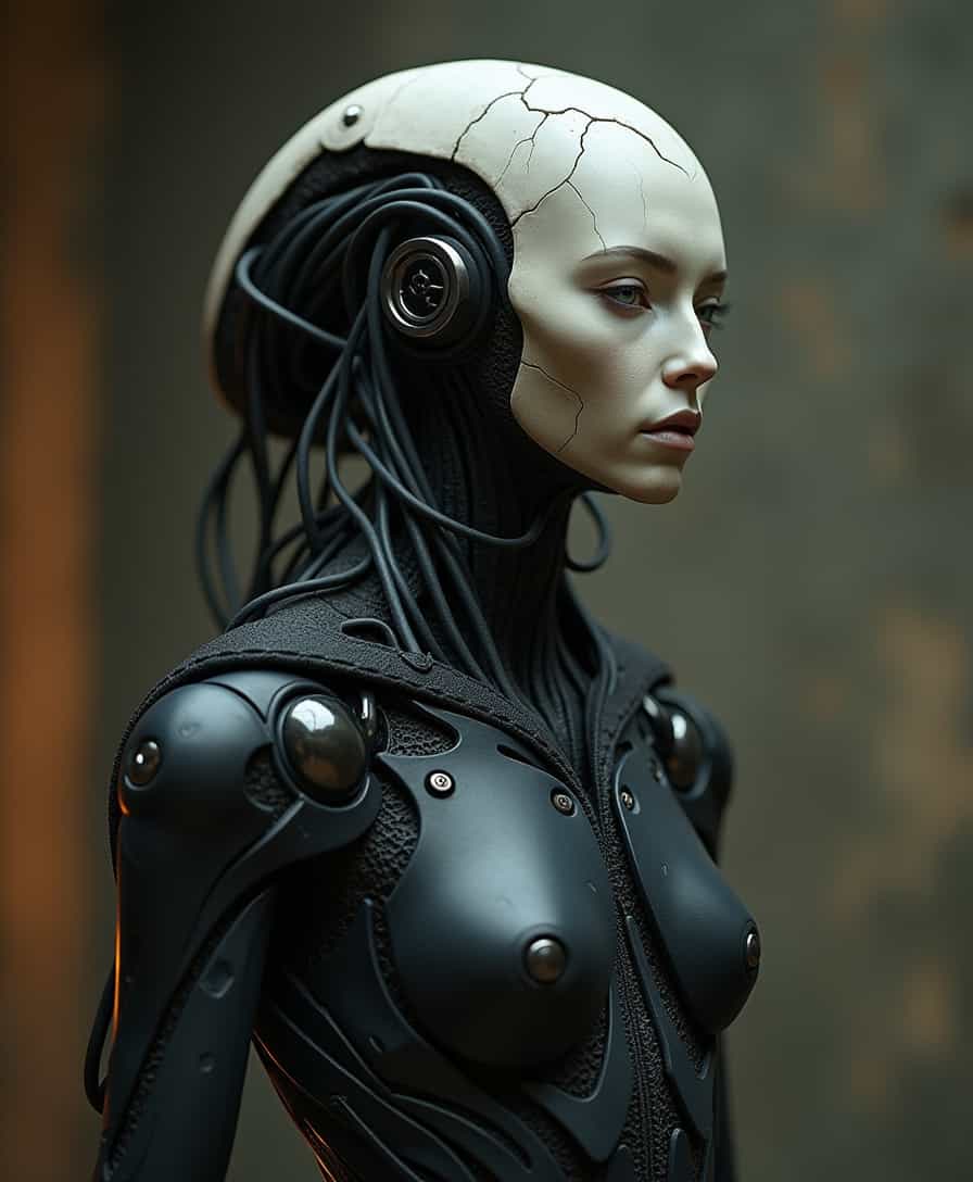 Create a hyper-detailed, cinematic portrait of a futuristic humanoid figure, combining elements of an alien cyborg and a sculpture. The figure stands upright, its humanoid form appearing simultaneously mechanical and organic. The head is smooth and mask-like, resembling a stone sculpture with subtle cracks, giving the impression of age or wear. Black tendrils and cables creep around the neck, intertwining with metallic components, suggesting a fusion between organic matter and advanced technology. The face is expressionless, with a haunting, minimalist appearance that exudes mystery and power.
The cyborg’s body is matte black, with exposed mechanical joints and rough, worn textures, further emphasizing the contrast between flesh and machine. The atmosphere should be dim and gritty, with warm, muted lighting casting soft shadows across the figure, highlighting the textures of the metallic and organic elements.
Key Details to Include:
Focus on the figure’s sleek yet eerie face, resembling a smooth, cracked stone mask, blending ancient and futuristic design.
Black cables and tendrils emerging from the neck, fusing with metallic components in a subtle yet intricate way.
A dim, dystopian background with a warm, industrial tone—soft lighting highlights the textures of the figure, creating an enigmatic and dramatic atmosphere.
The figure’s structure should balance between organic and robotic, blending elements of cyberpunk with eerie surrealism.
